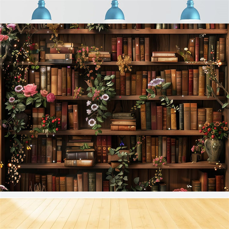 Back To School Fotohintergrund Bibliothek Floral Bücherregal Hintergrund GQ3-122
