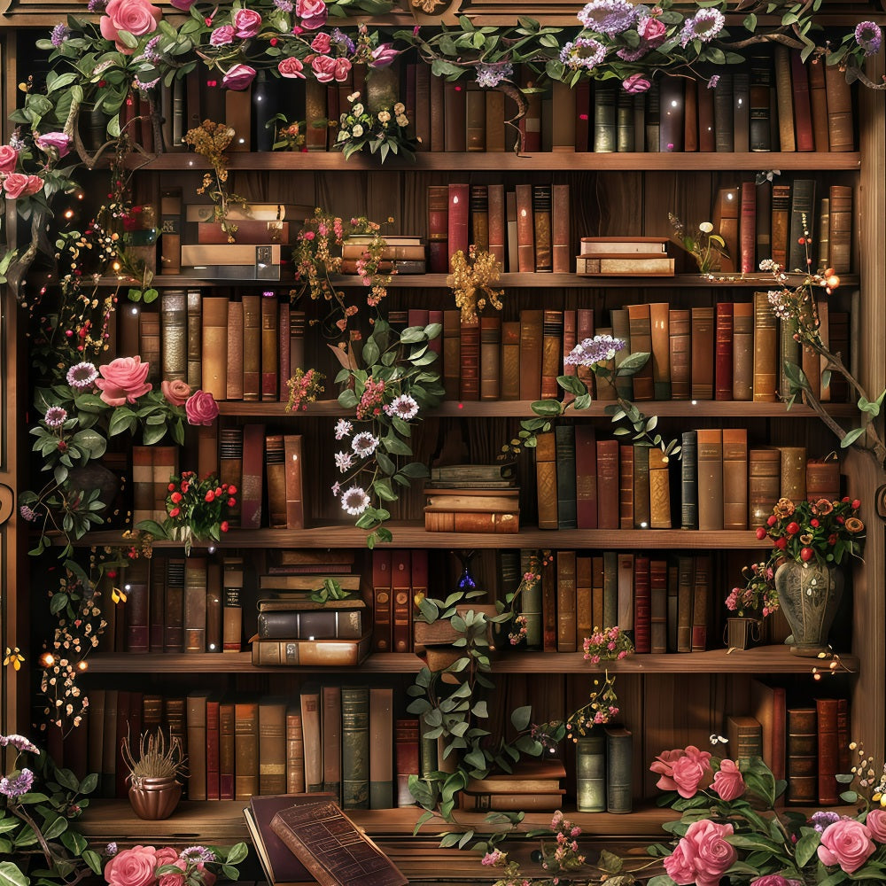 Back To School Fotohintergrund Bibliothek Floral Bücherregal Hintergrund GQ3-122