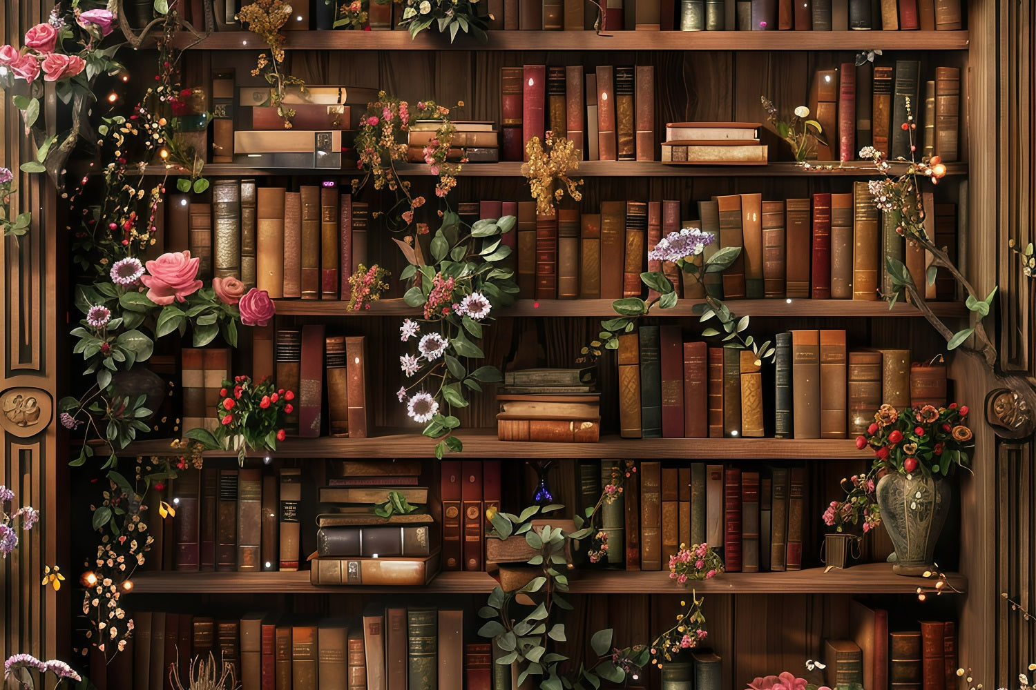 Back To School Fotohintergrund Bibliothek Floral Bücherregal Hintergrund GQ3-122