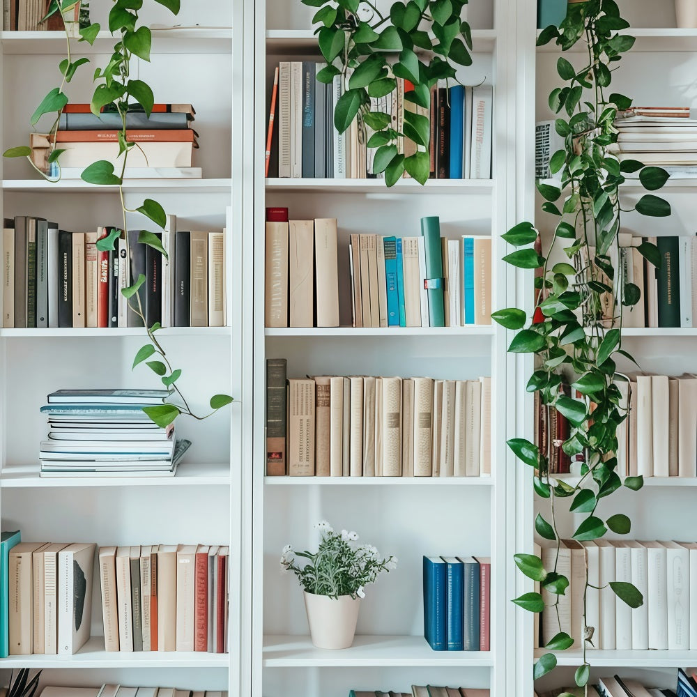 Back To School Fotokulissen Weißes Bücherregal Wandhintergrund GQ3-129