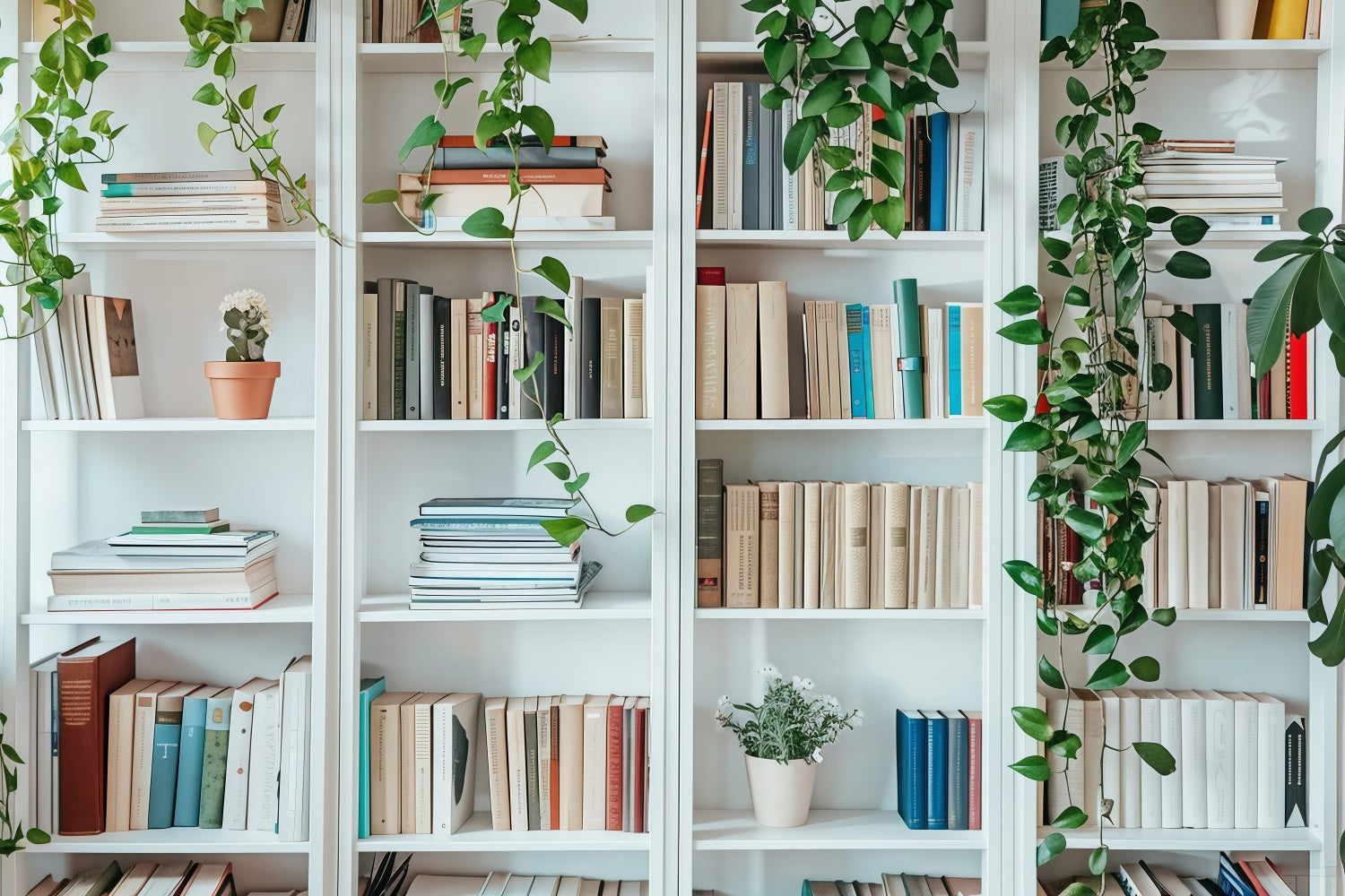 Back To School Fotokulissen Weißes Bücherregal Wandhintergrund GQ3-129