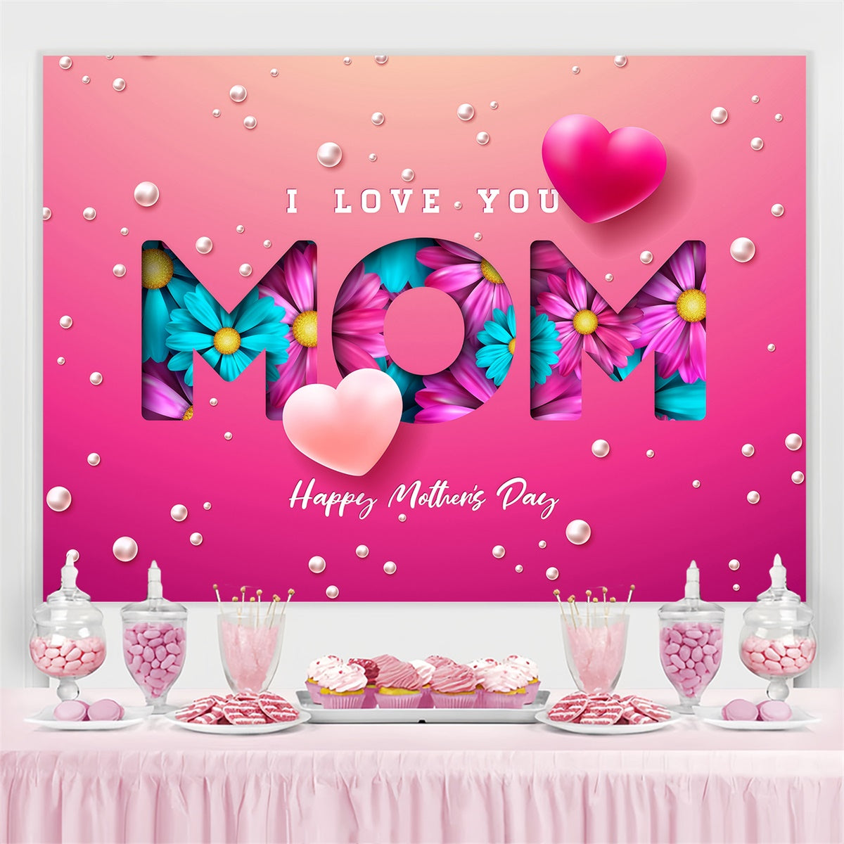 Hintergrund für Muttertag Vibrant Floral Heart Personalisierte Backdrop GQ3-174