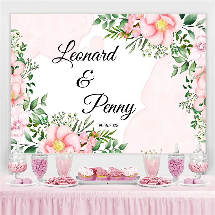 Benutzerdefinierte Hochzeit Backdrops Aquarell rosa Blüte Greenery Hintergrund GQ3-229