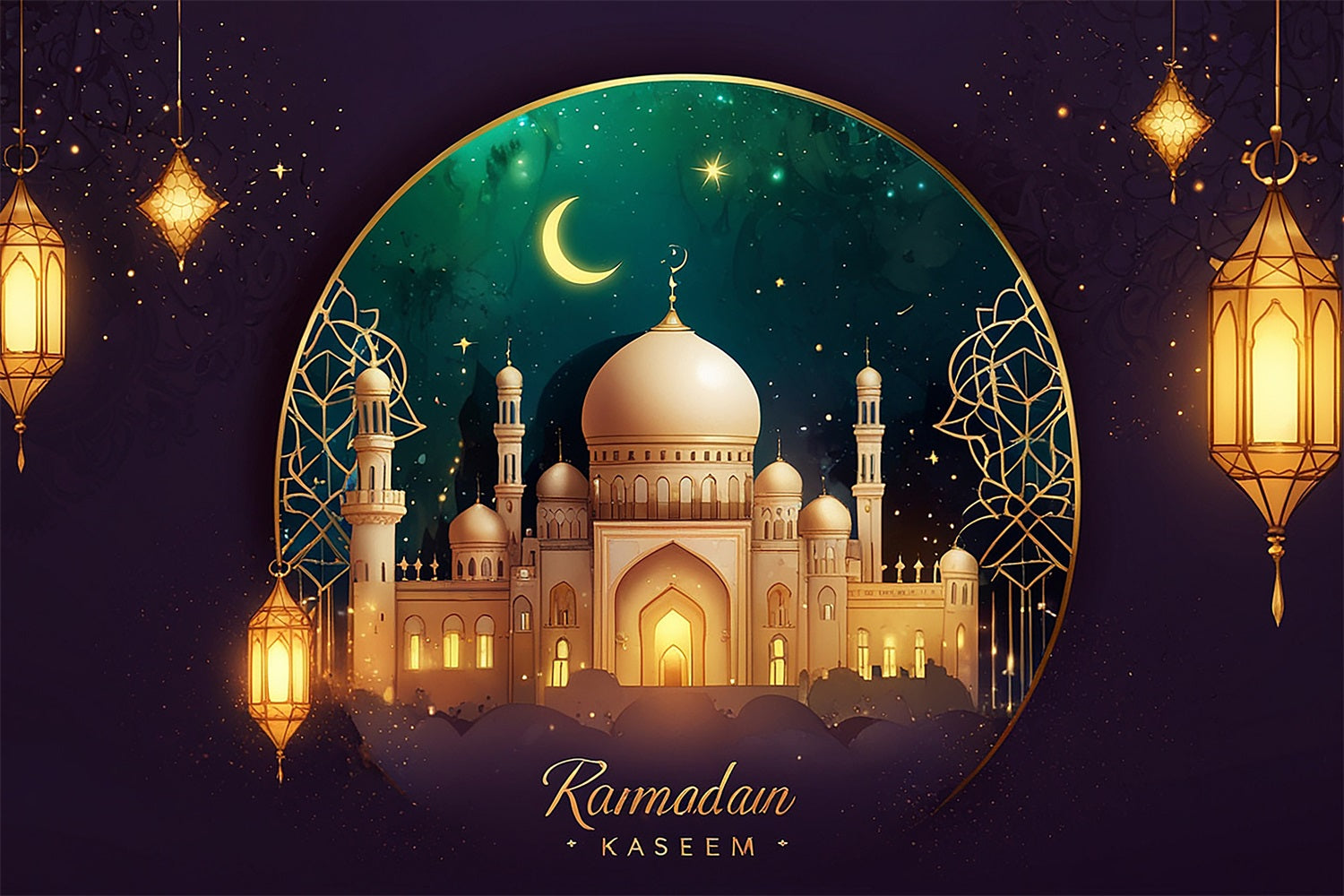 Ramadan Backdrops Mondsichel Goldener Rahmen Moschee Backdrop GQ3-28