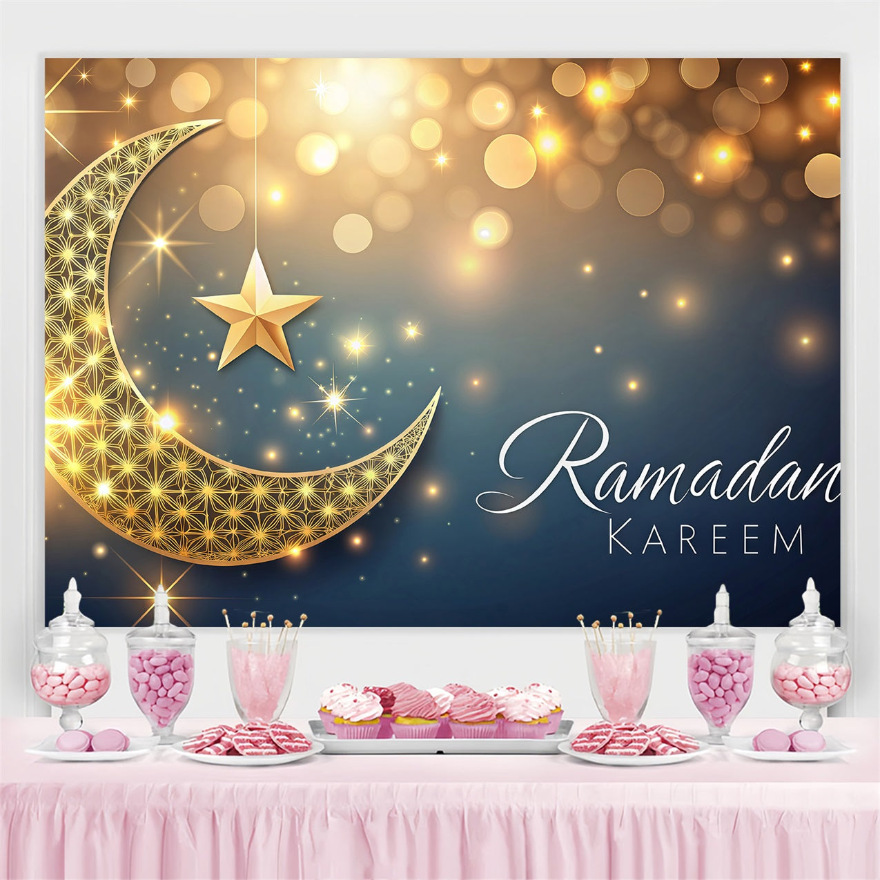 Ramadan Backdrops Goldene Mondsichel Funkelnde Sterne Hintergrund GQ3-29