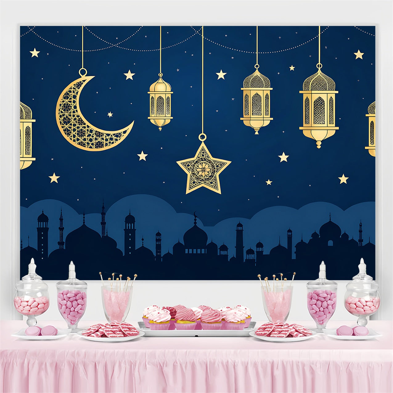 Ramadan Backdrops Goldener Halbmond Laterne Nacht Backdrop GQ3-33