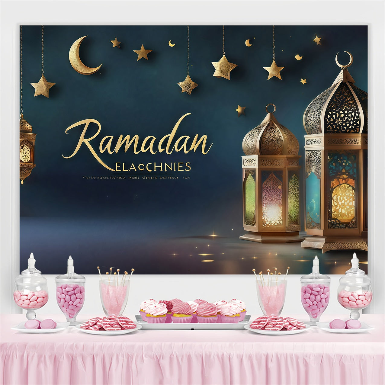 Ramadan Mubarak Backdrop Königliche Laternen Mondsichel Backdrop GQ3-34