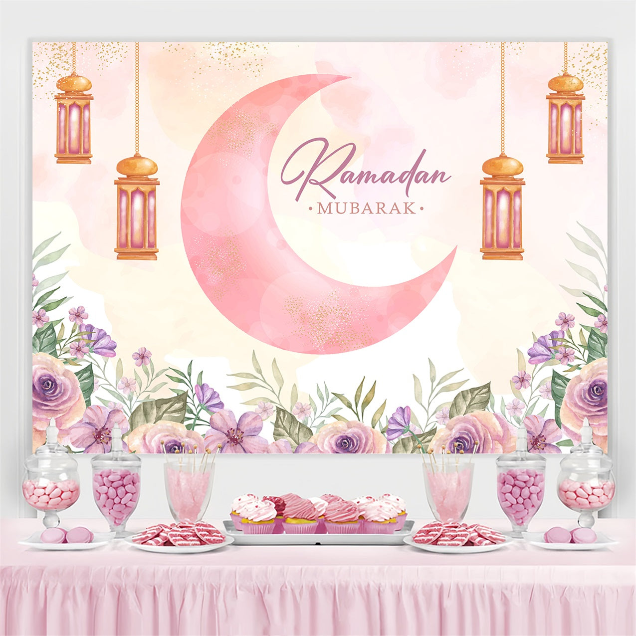 Ramadan Backdrops Aquarell Mondsichel Laternen Floral Backdrop GQ3-35