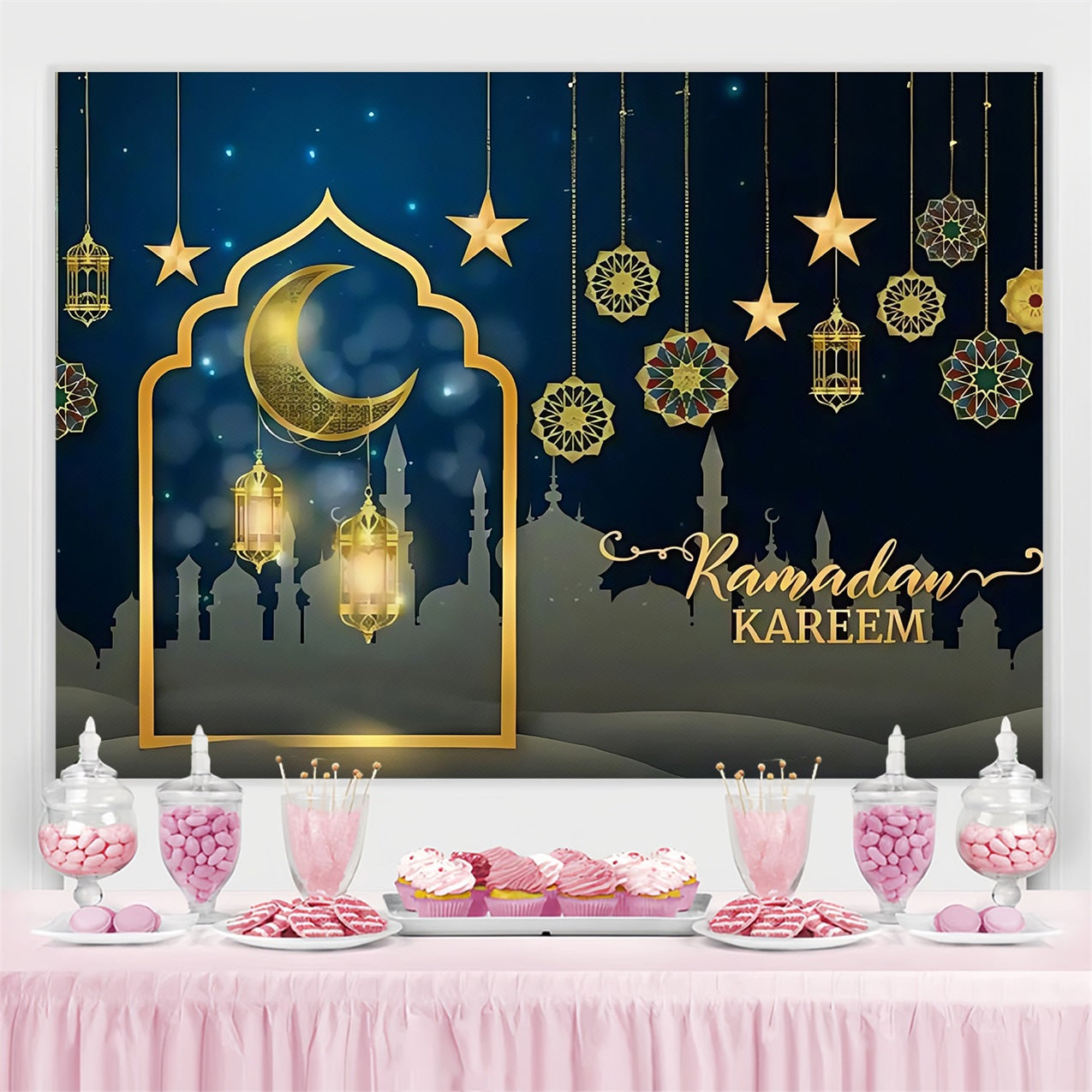 Ramadan Mubarak Backdrop Hängende Ornamente Halbmond Backdrop GQ3-38