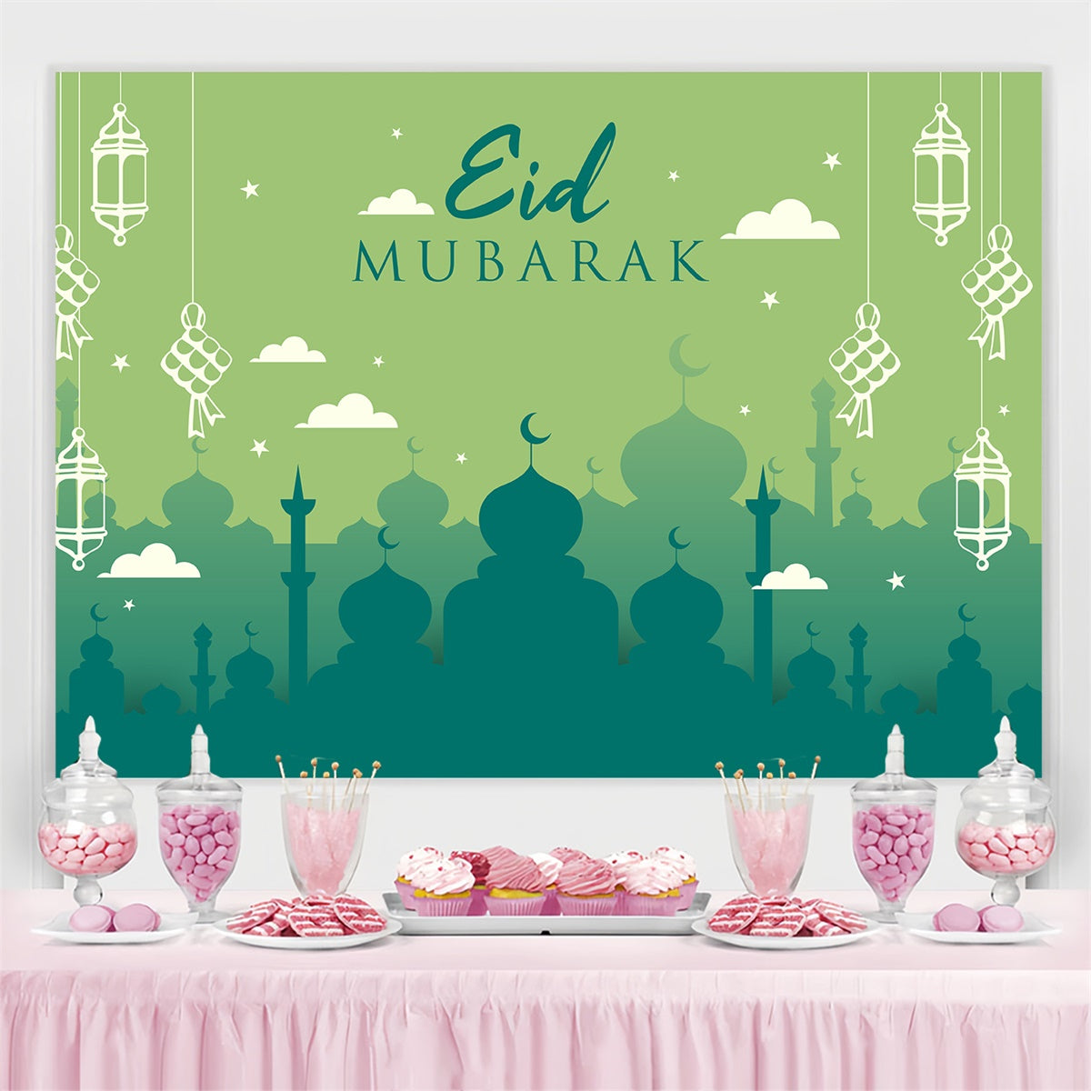 Eid Mubarak Backdrop Grüne Moschee Silhouette Eid Backdrop GQ3-63