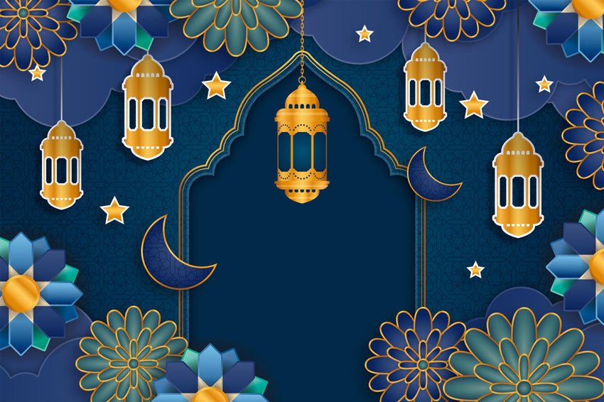 Eid Mubarak Backdrop Floral Mandala Blau Festliche Kulisse GQ3-71