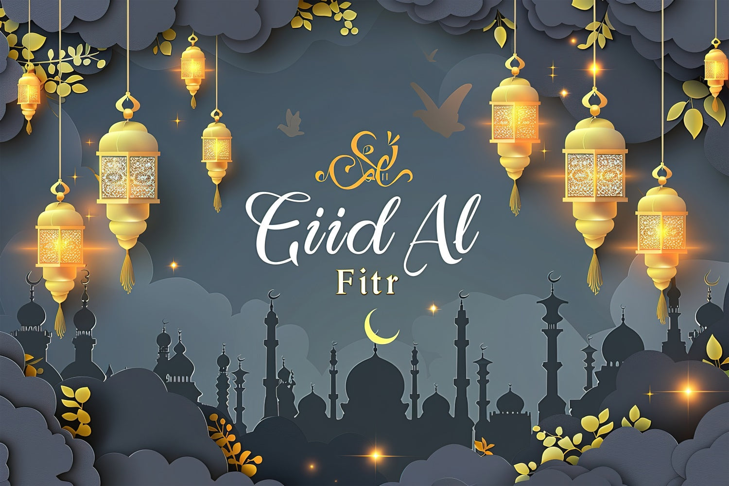 Eid Mubarak Backdrop Verträumt Goldene Lichter Elegant Grau Backdrop GQ3-91