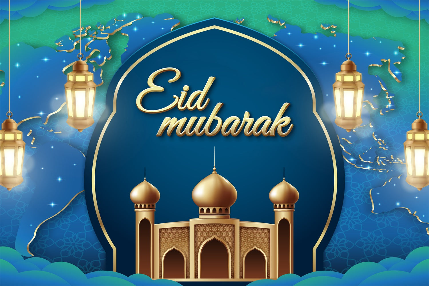 Eid Mubarak Hintergrundkulisse Goldene Laternen Blauer Bogen Hintergrundkulisse GQ3-96
