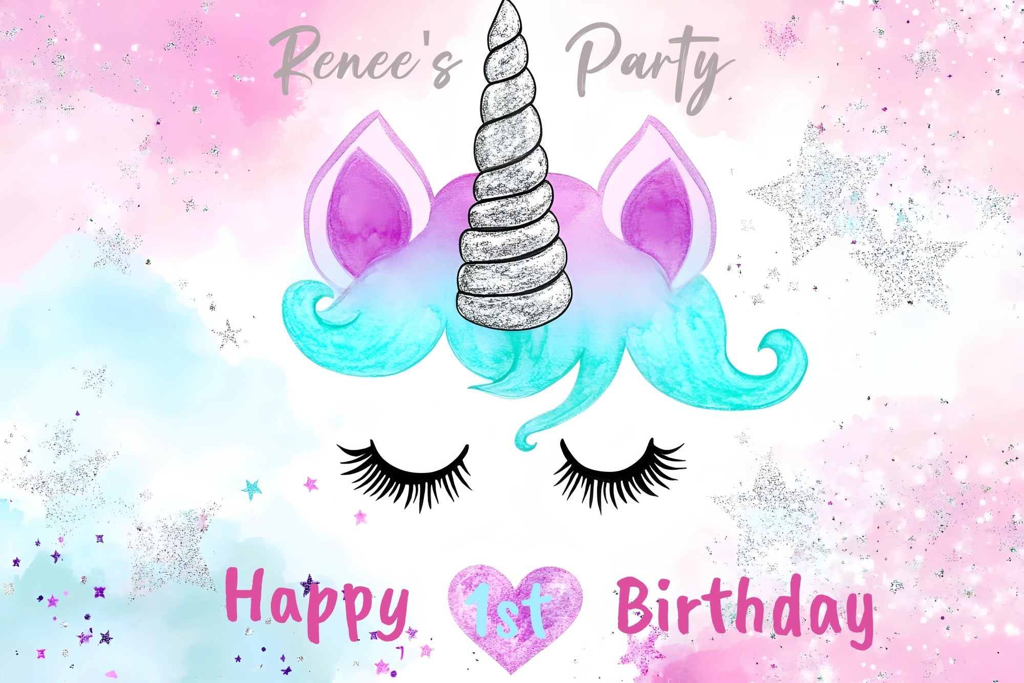 Personalisierte 1st Birthday Backdrop Sparkly Einhorn Gesicht Hintergrund GQ4-228