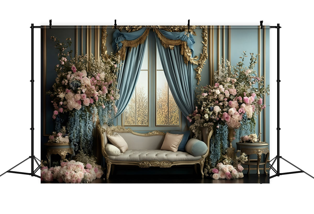Retro Backdrop Königsblau Vorhang Floral Vintage Fotohintergründe GQ4-317