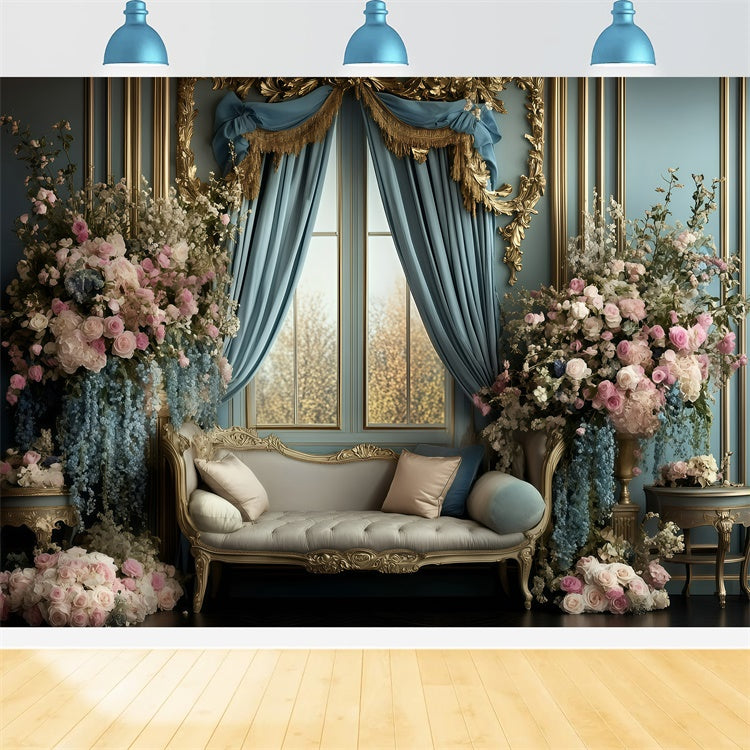 Retro Backdrop Königsblau Vorhang Floral Vintage Fotohintergründe GQ4-317