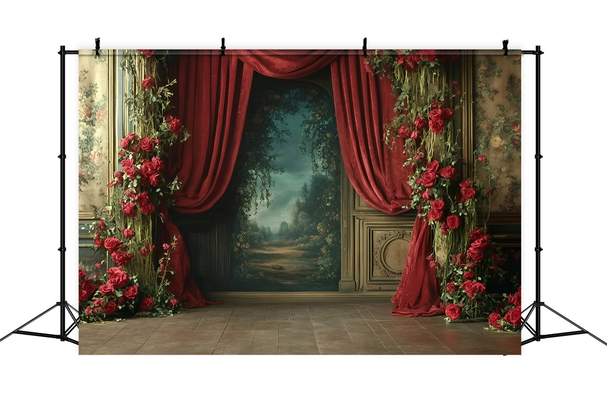 Retro-Fotokulissen Romantische rote Rosenvorhänge Vintage-Hintergrundkulissen GQ4-331