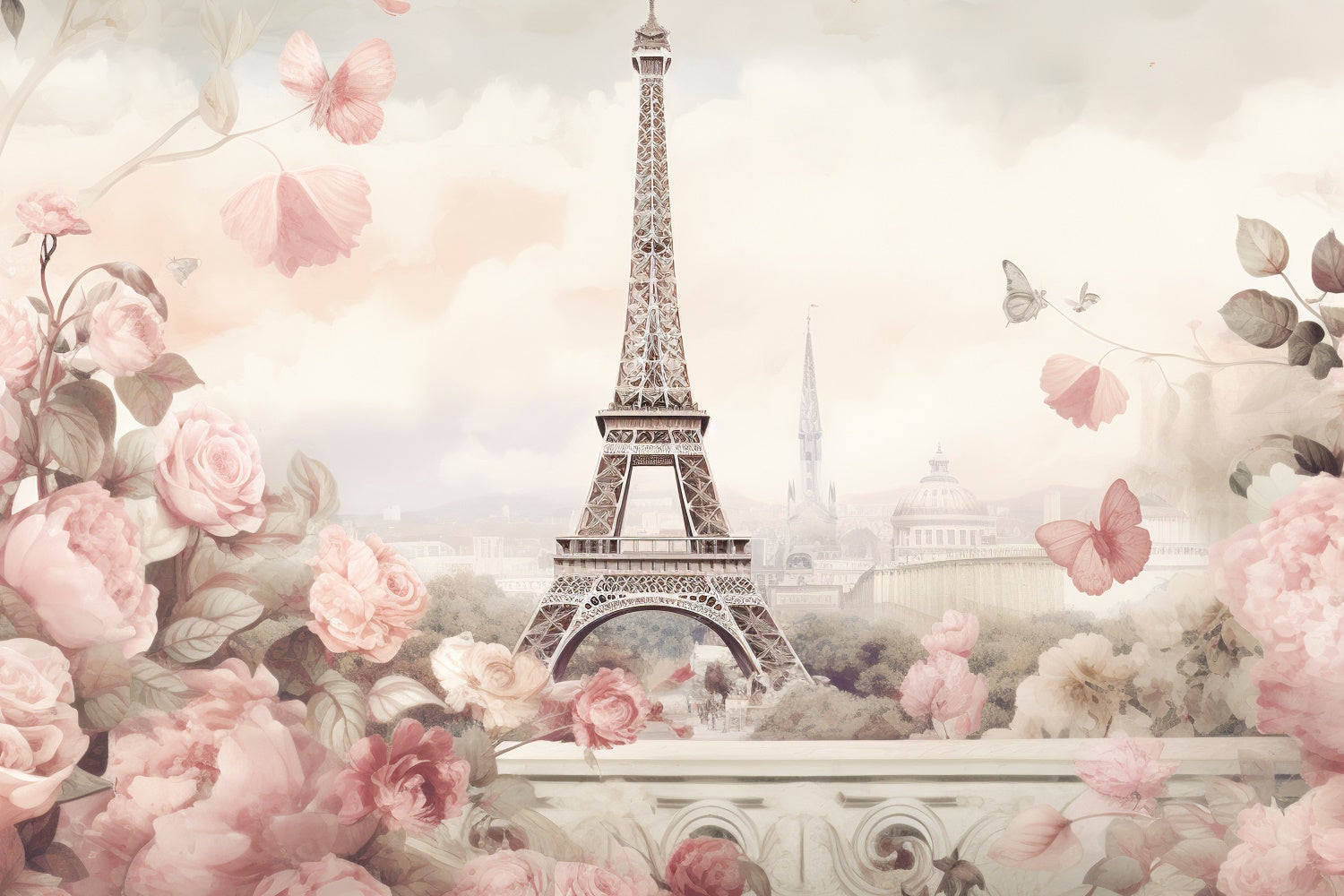 Paris Eiffelturm Backdrop Pastell Blumen Romantik Backdrop GQ4-37