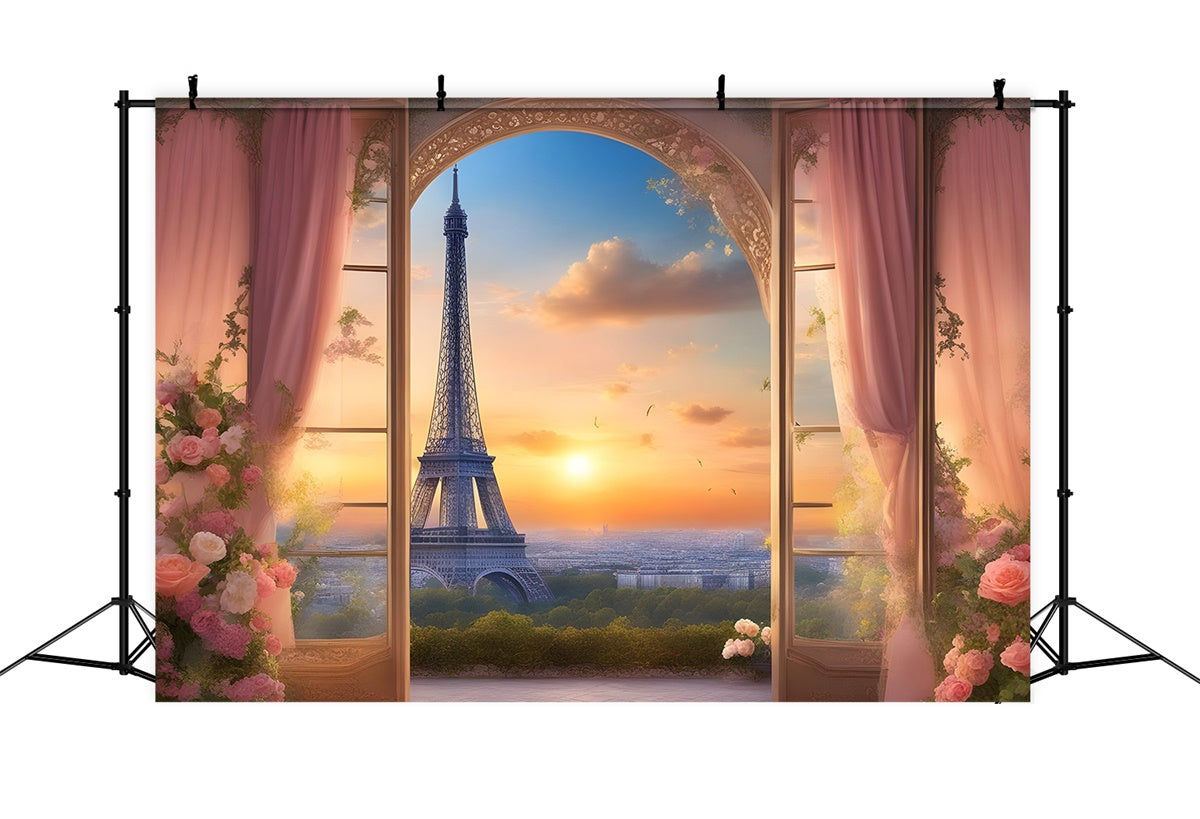 Eiffelturm Paris Backdrop Sonnenuntergang Ansicht Floral Curtains Backdrop GQ4-38