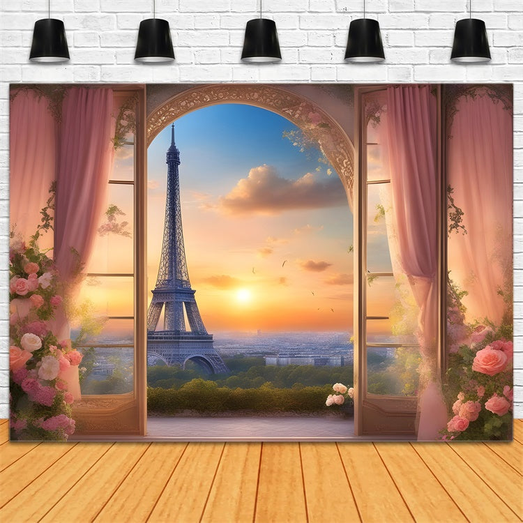Eiffelturm Paris Backdrop Sonnenuntergang Ansicht Floral Curtains Backdrop GQ4-38