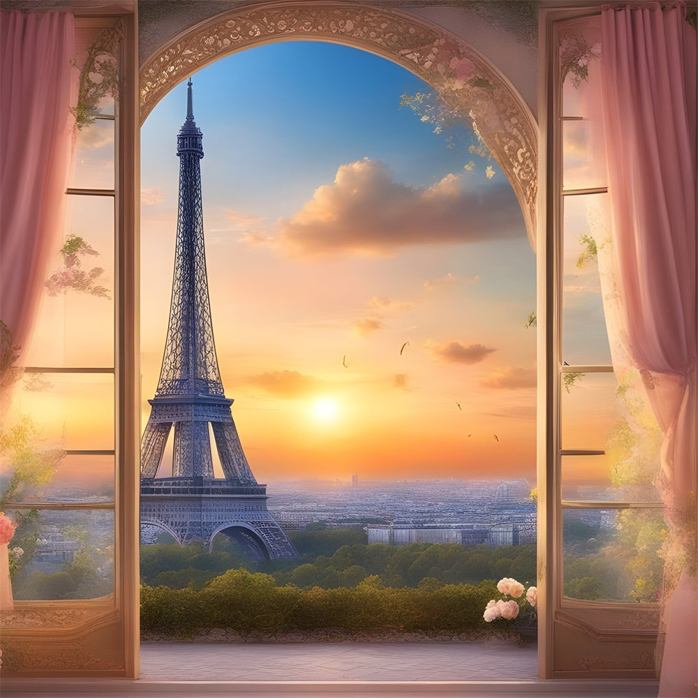 Eiffelturm Paris Backdrop Sonnenuntergang Ansicht Floral Curtains Backdrop GQ4-38