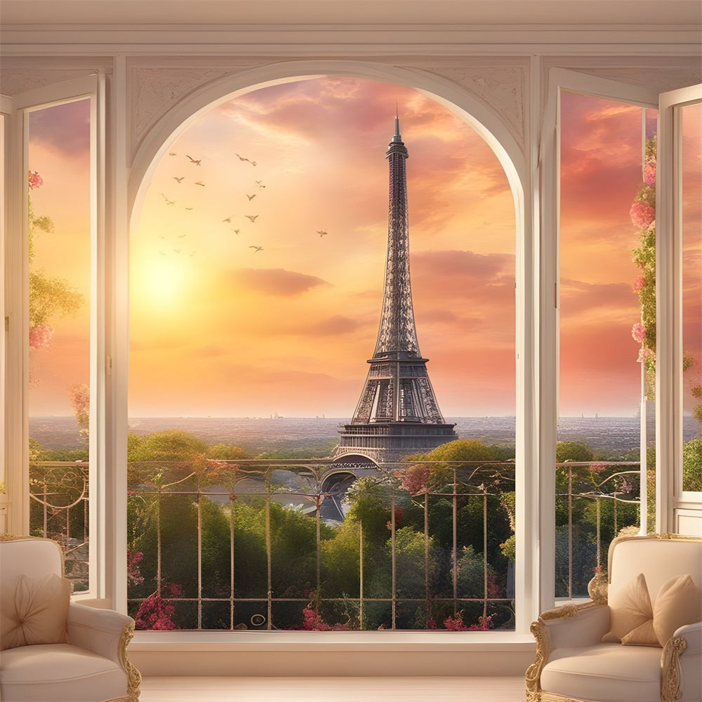 Paris Skyline Backdrop Gemütlicher Stuhl Sonnenuntergang Balkon Backdrop GQ4-39