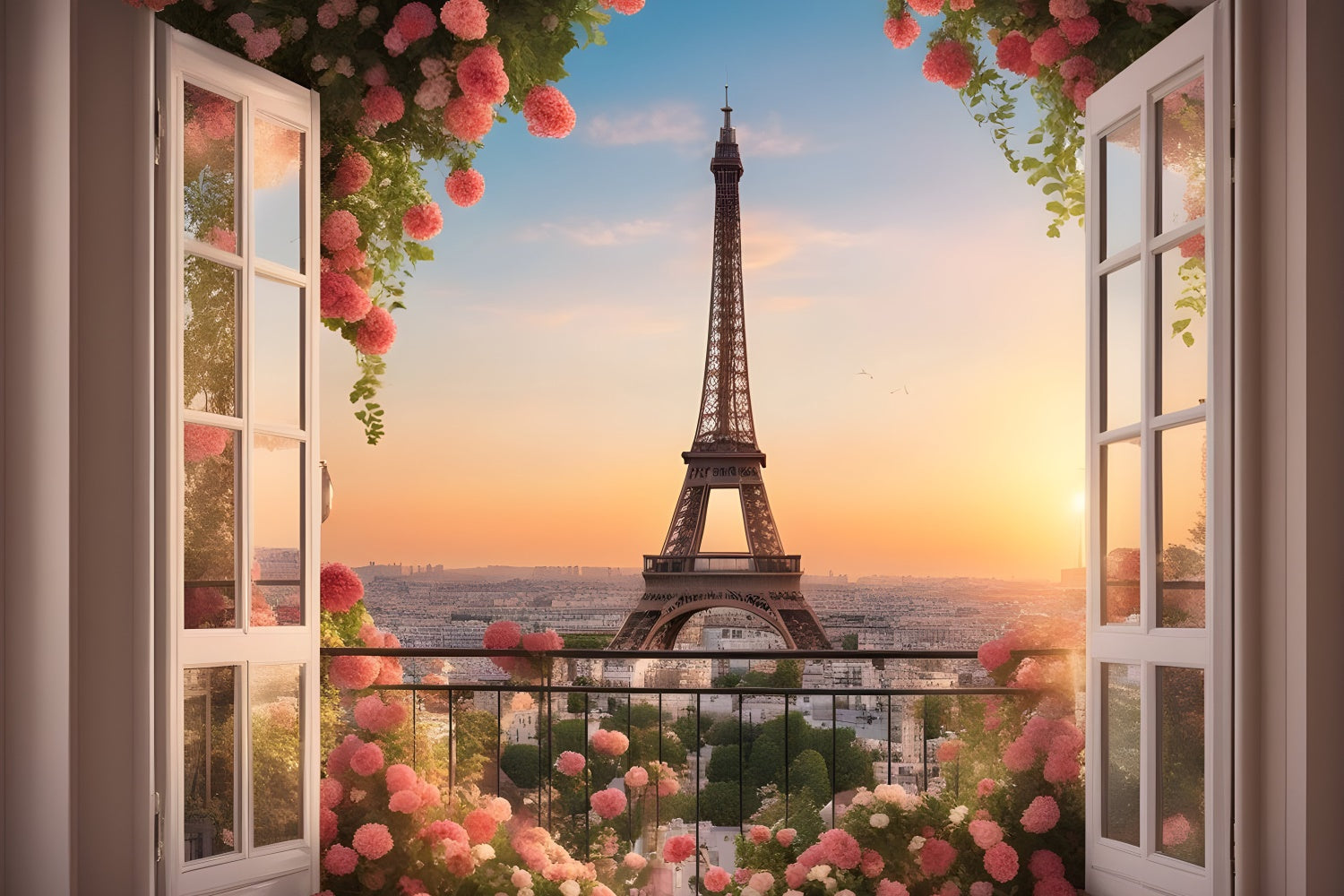 Paris Eiffelturm Backdrop Stadt Sonnenuntergang Garten Balkon Backdrop GQ4-41