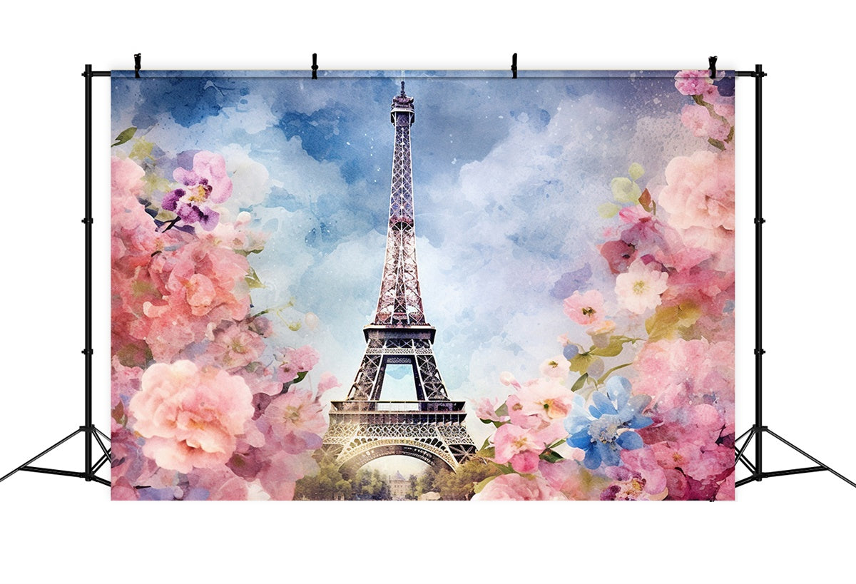 Paris Fotohintergrund Aquarell Eiffelturm Blumenkulisse GQ4-42