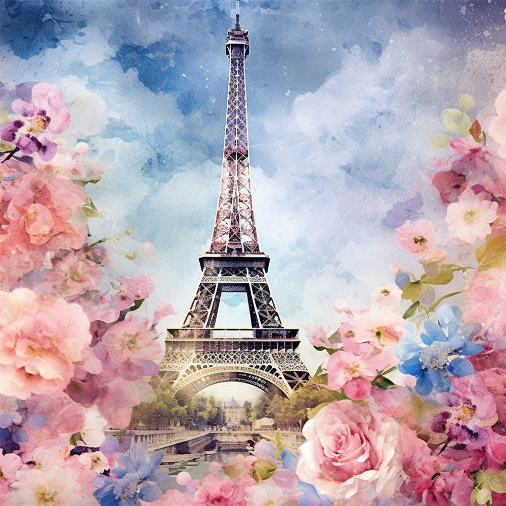Paris Fotohintergrund Aquarell Eiffelturm Blumenkulisse GQ4-42