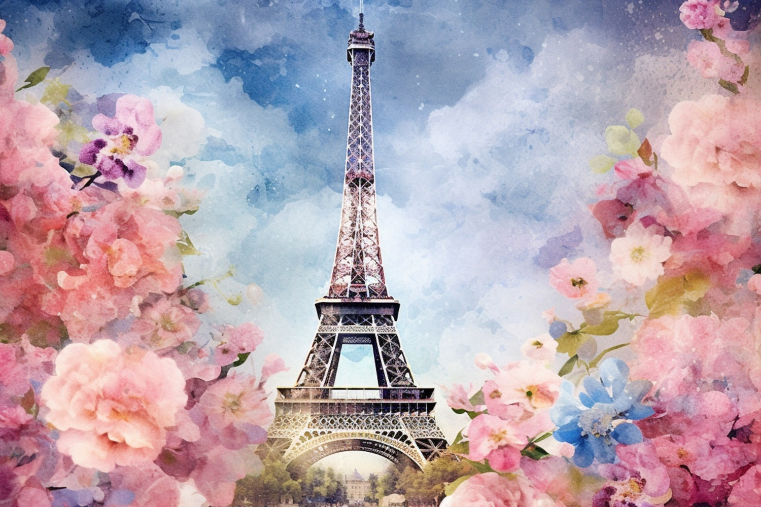 Paris Fotohintergrund Aquarell Eiffelturm Blumenkulisse GQ4-42