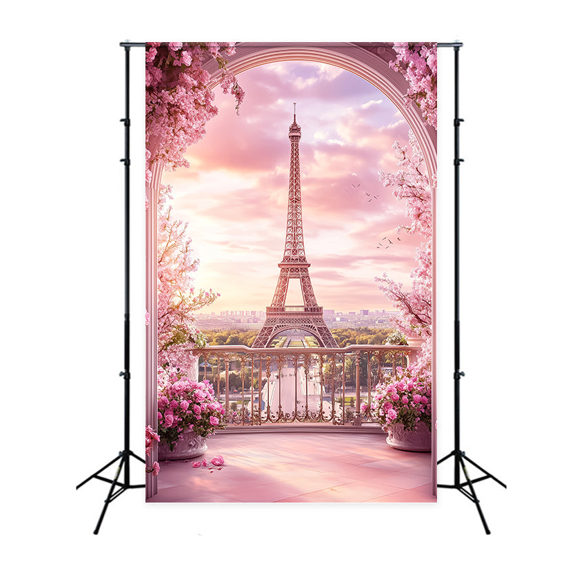 Paris Eiffelturm Backdrop Rosa Balkon Bogen Floral Backdrop GQ4-52