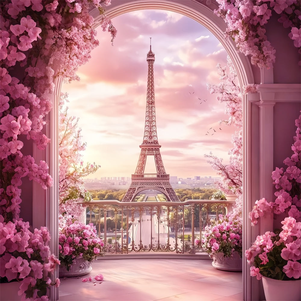 Paris Eiffelturm Backdrop Rosa Balkon Bogen Floral Backdrop GQ4-52