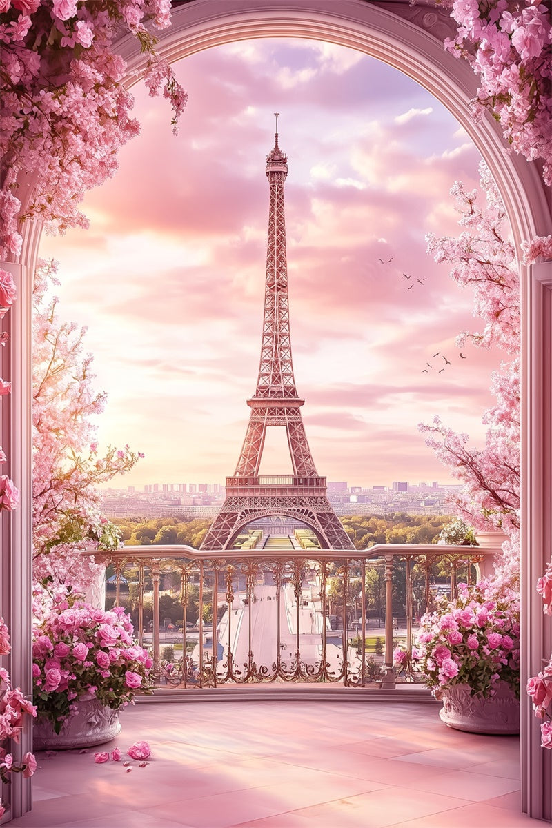 Paris Eiffelturm Backdrop Rosa Balkon Bogen Floral Backdrop GQ4-52