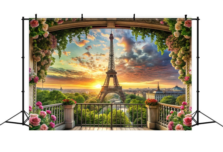Eiffelturm Paris Backdrop Floral Balkon Sonnenuntergang Ansicht Backdrop GQ4-60