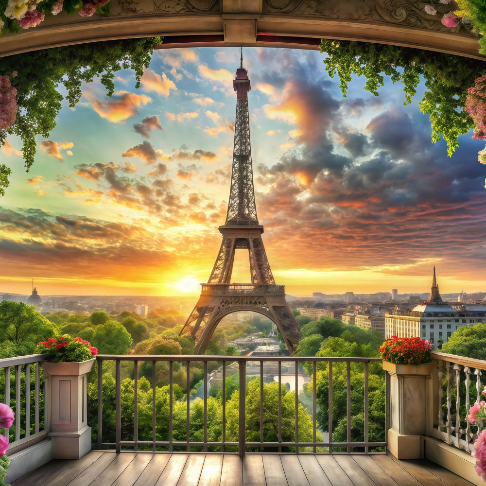 Eiffelturm Paris Backdrop Floral Balkon Sonnenuntergang Ansicht Backdrop GQ4-60