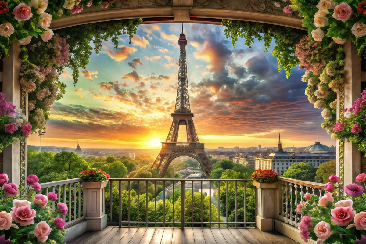 Eiffelturm Paris Backdrop Floral Balkon Sonnenuntergang Ansicht Backdrop GQ4-60