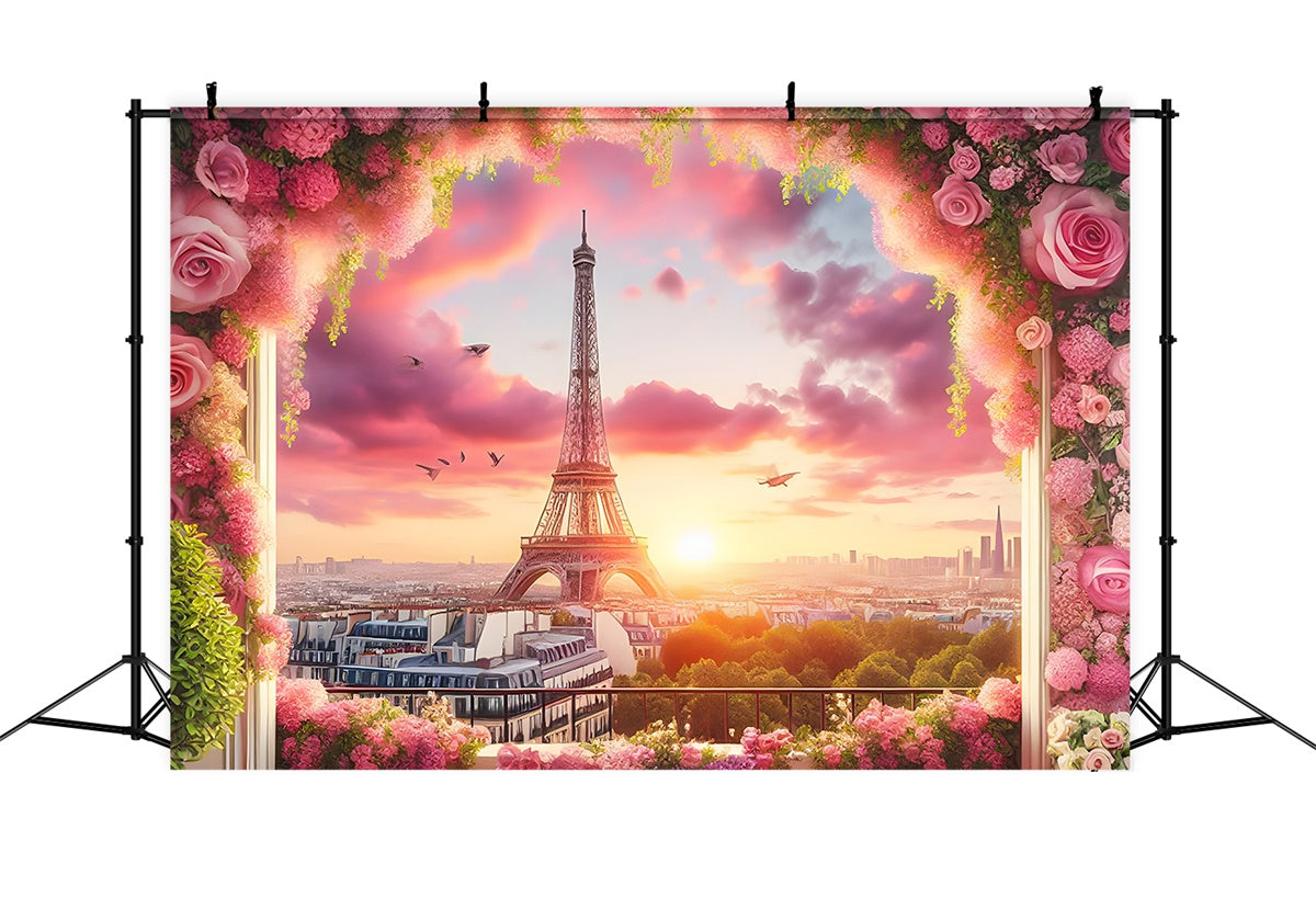 Paris Eiffelturm Backdrop Rosa Himmel Blumenrahmen Backdrop GQ4-61