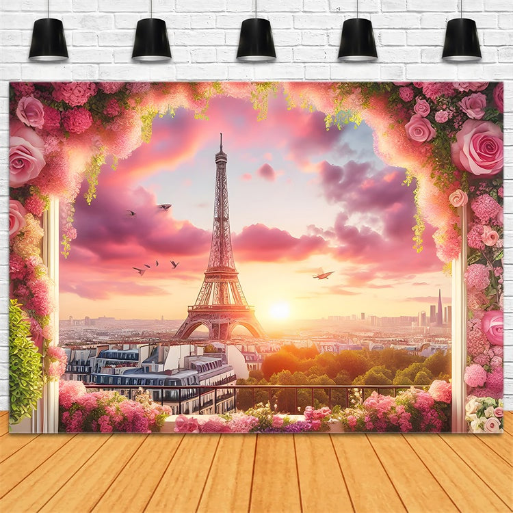 Paris Eiffelturm Backdrop Rosa Himmel Blumenrahmen Backdrop GQ4-61