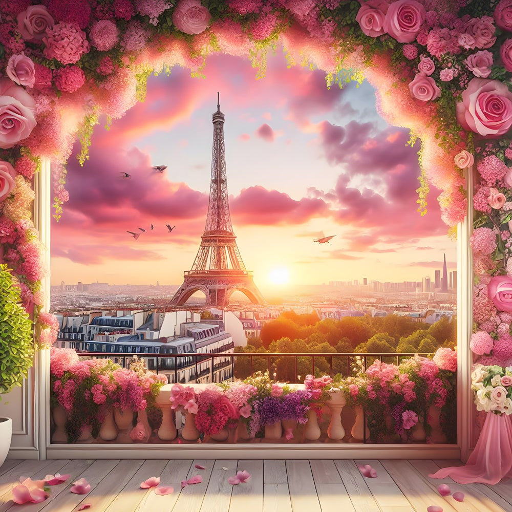 Paris Eiffelturm Backdrop Rosa Himmel Blumenrahmen Backdrop GQ4-61