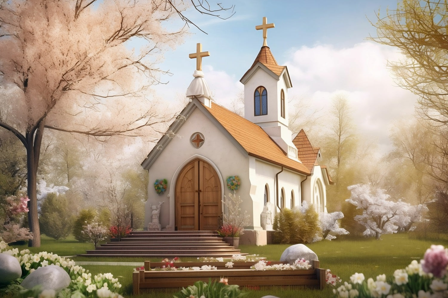 Kirchen-Hintergrundbilder Frühlingsgarten Zwillingsturm Architektur-Hintergrund GQ4-71