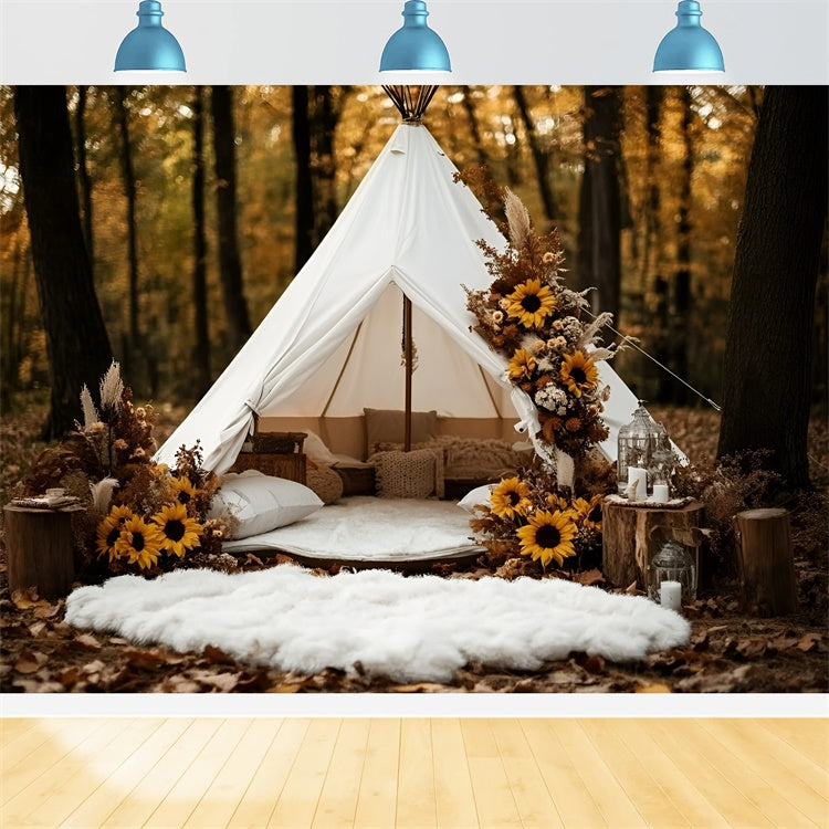 Herbst Wald Backdrop Waldzelt Sonnenblumen Backdrop GQ5-103