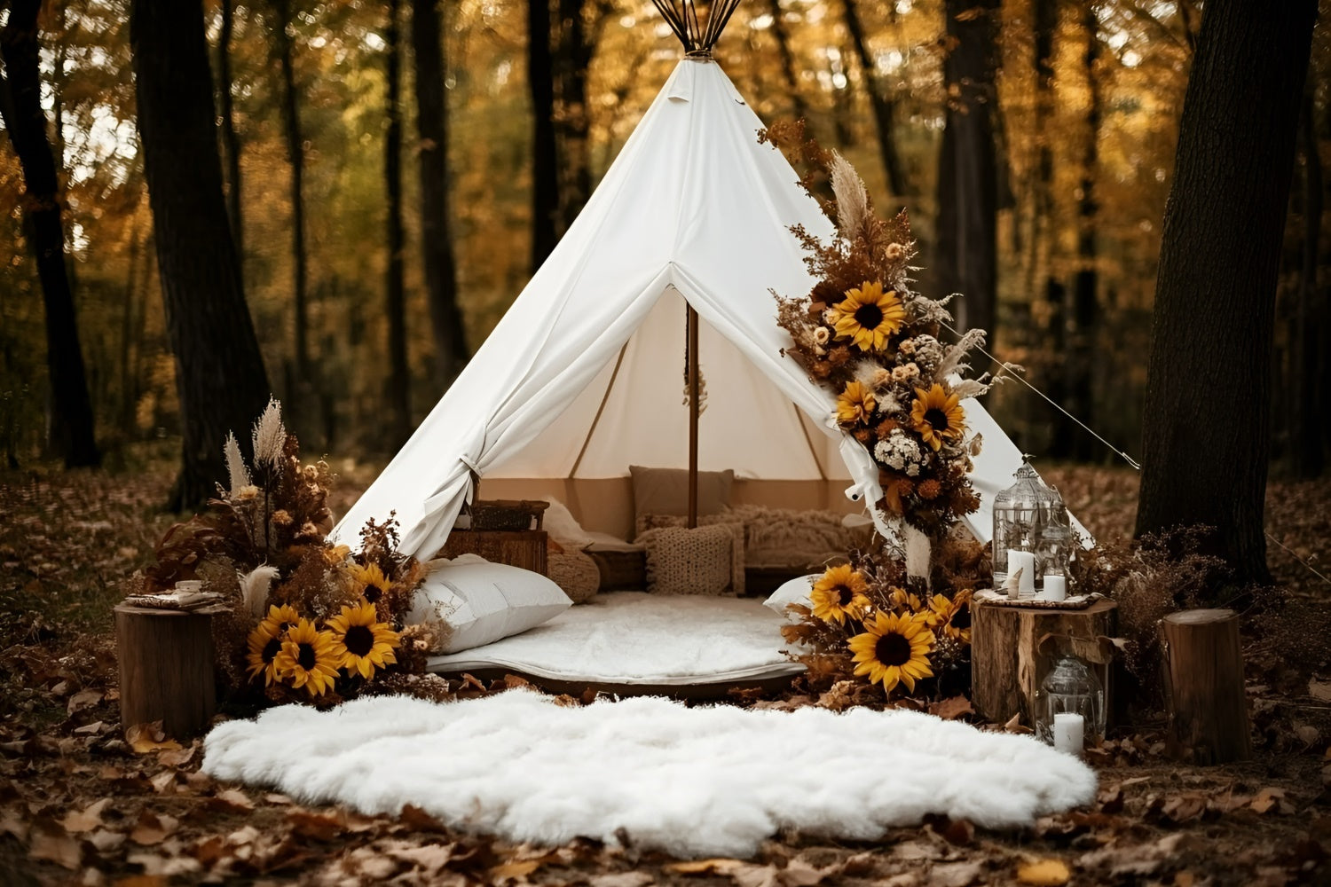 Herbst Wald Backdrop Waldzelt Sonnenblumen Backdrop GQ5-103