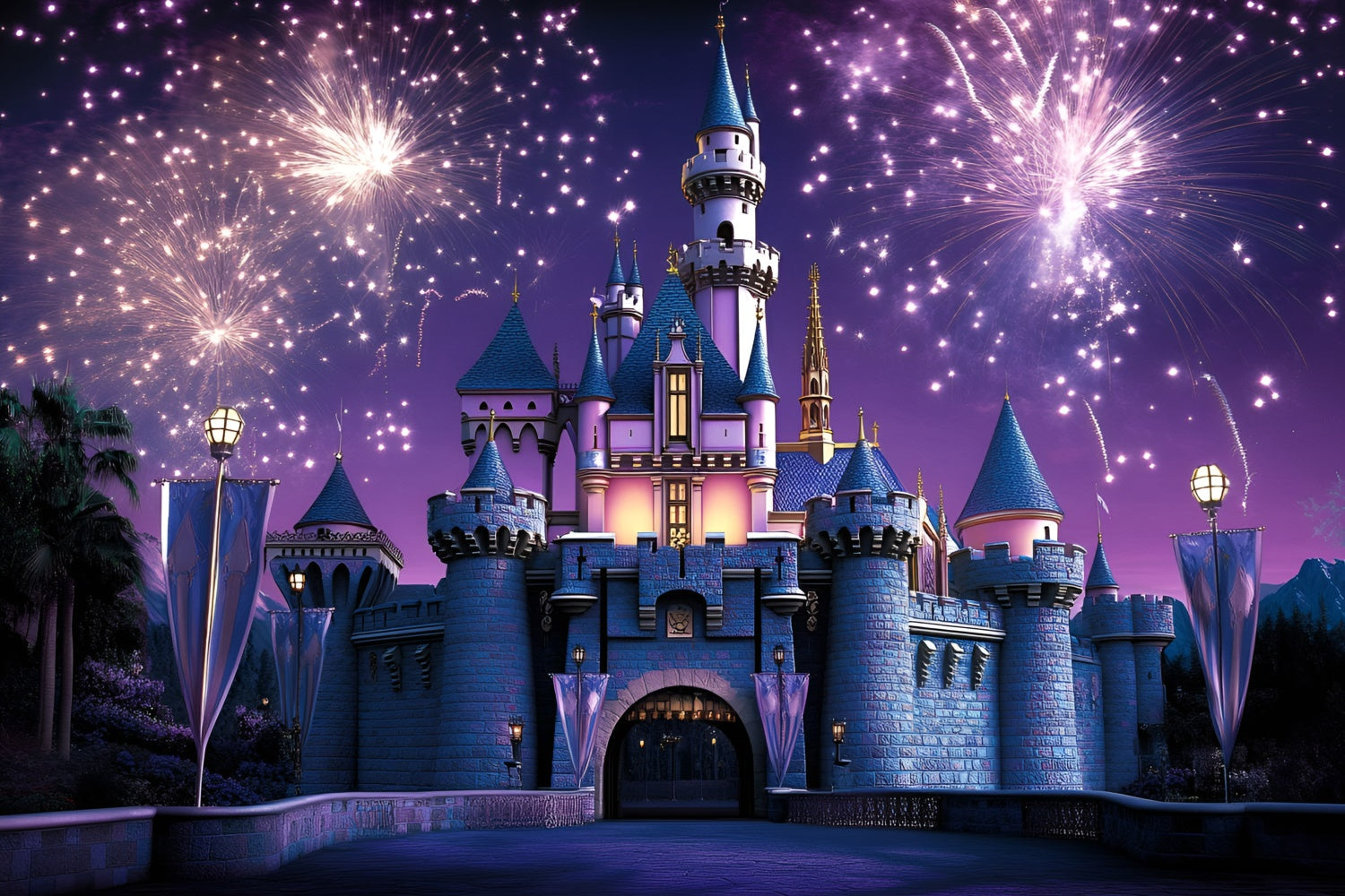 Burg Fotohintergrund Feuerwerk Zauberburg Kinderhintergrund GQ5-178