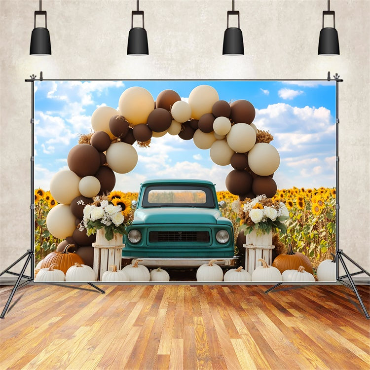 Herbst-Fotokulissen Vintage Blue Truck Sonnenblumen-Hintergrund GQ5-76