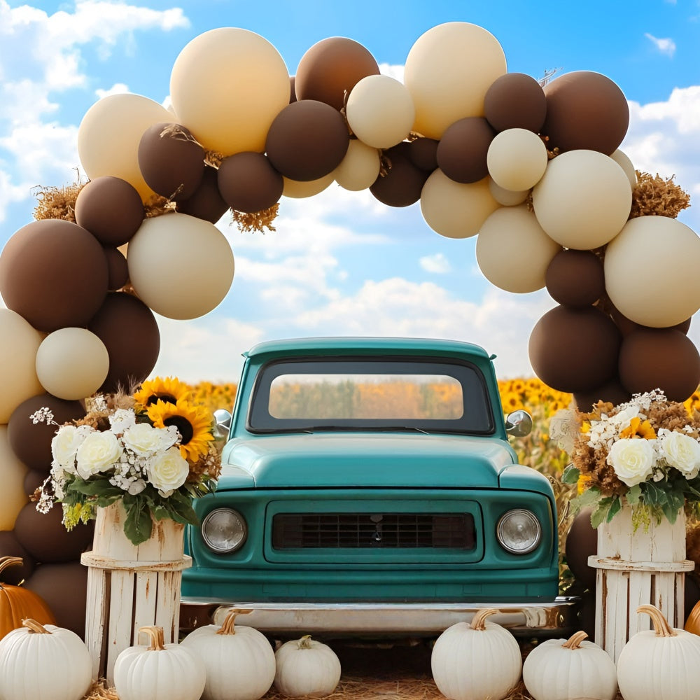 Herbst-Fotokulissen Vintage Blue Truck Sonnenblumen-Hintergrund GQ5-76