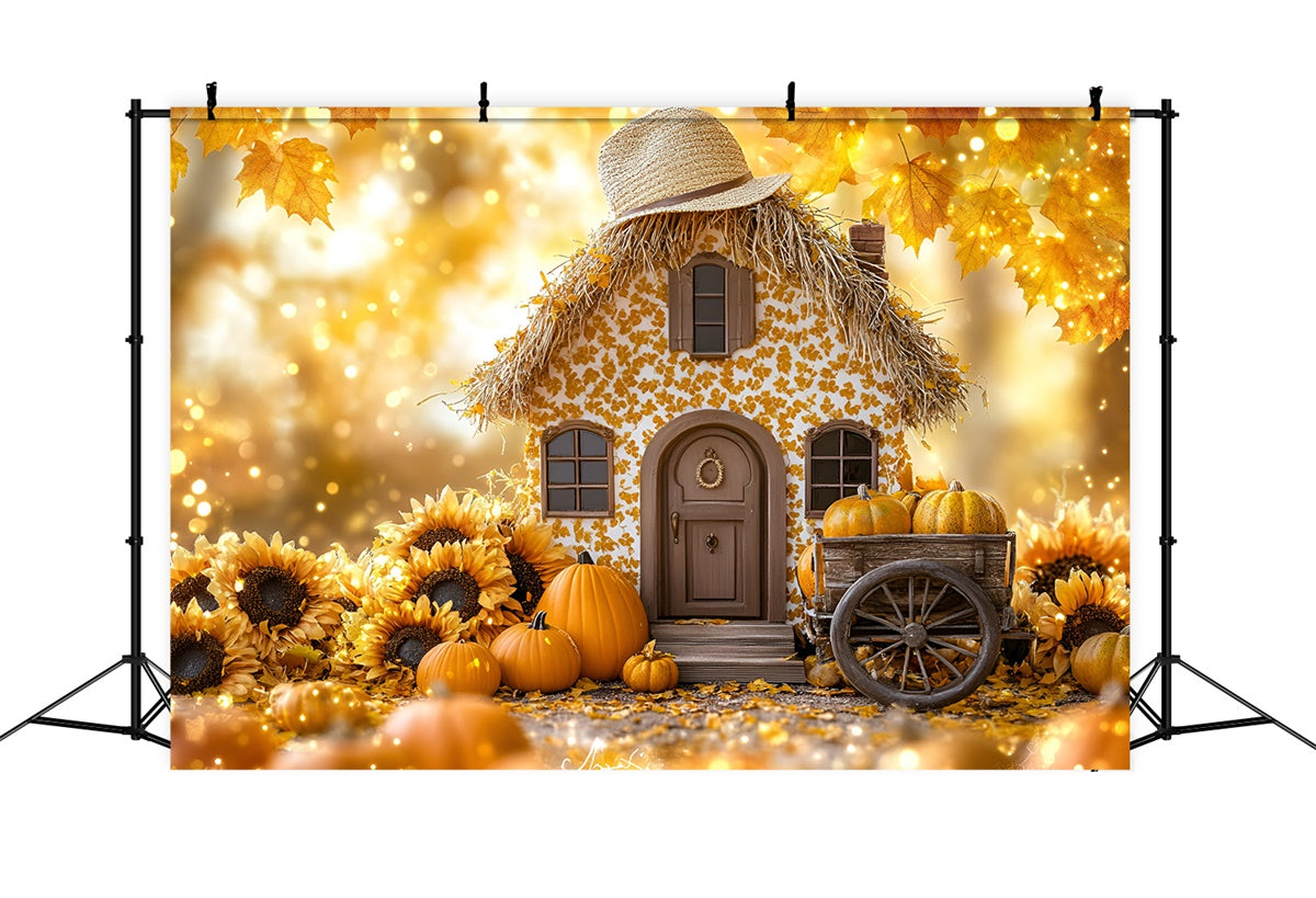 Herbst-Hintergrundkulissen Sonnenblumen-Häuschen-Kürbis-Wagen-Hintergrundkulisse GQ5-77