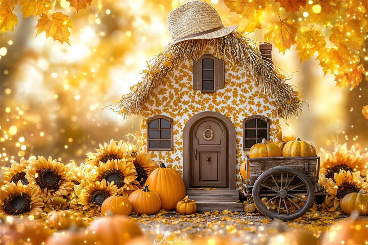 Herbst-Hintergrundkulissen Sonnenblumen-Häuschen-Kürbis-Wagen-Hintergrundkulisse GQ5-77