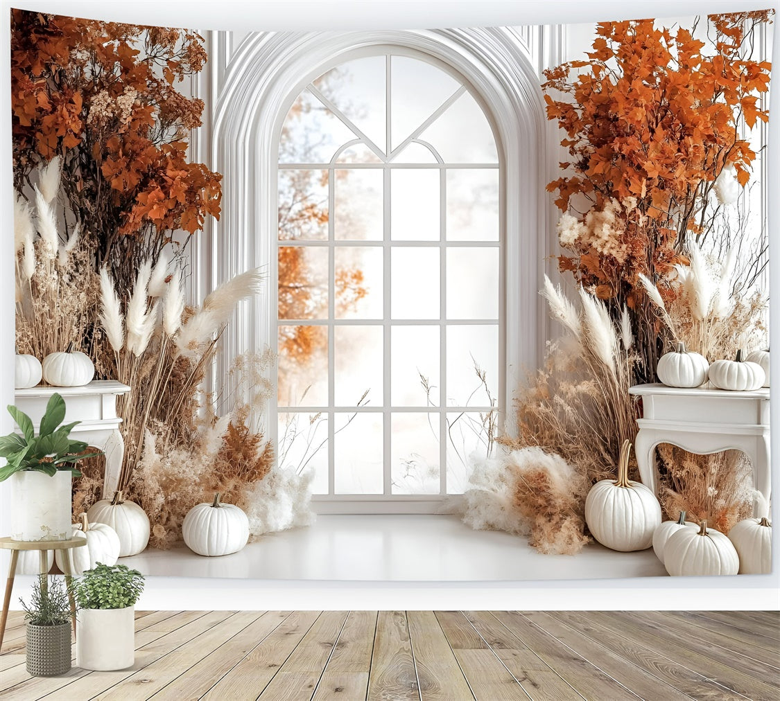 Herbst-Hintergrundkulisse Eleganter weißer Kürbis Fenster-Hintergrund GQ5-85