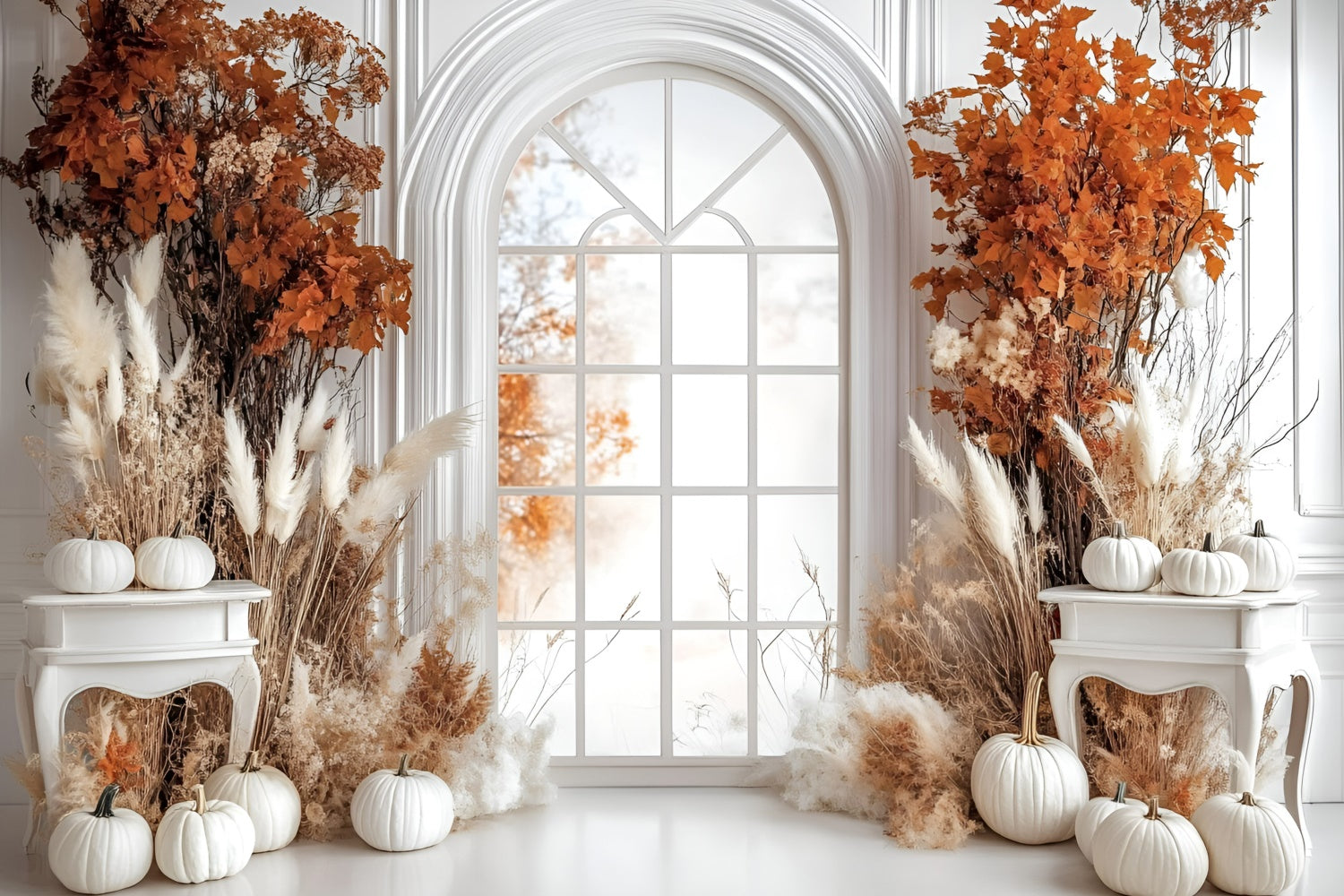 Herbst-Hintergrundkulisse Eleganter weißer Kürbis Fenster-Hintergrund GQ5-85