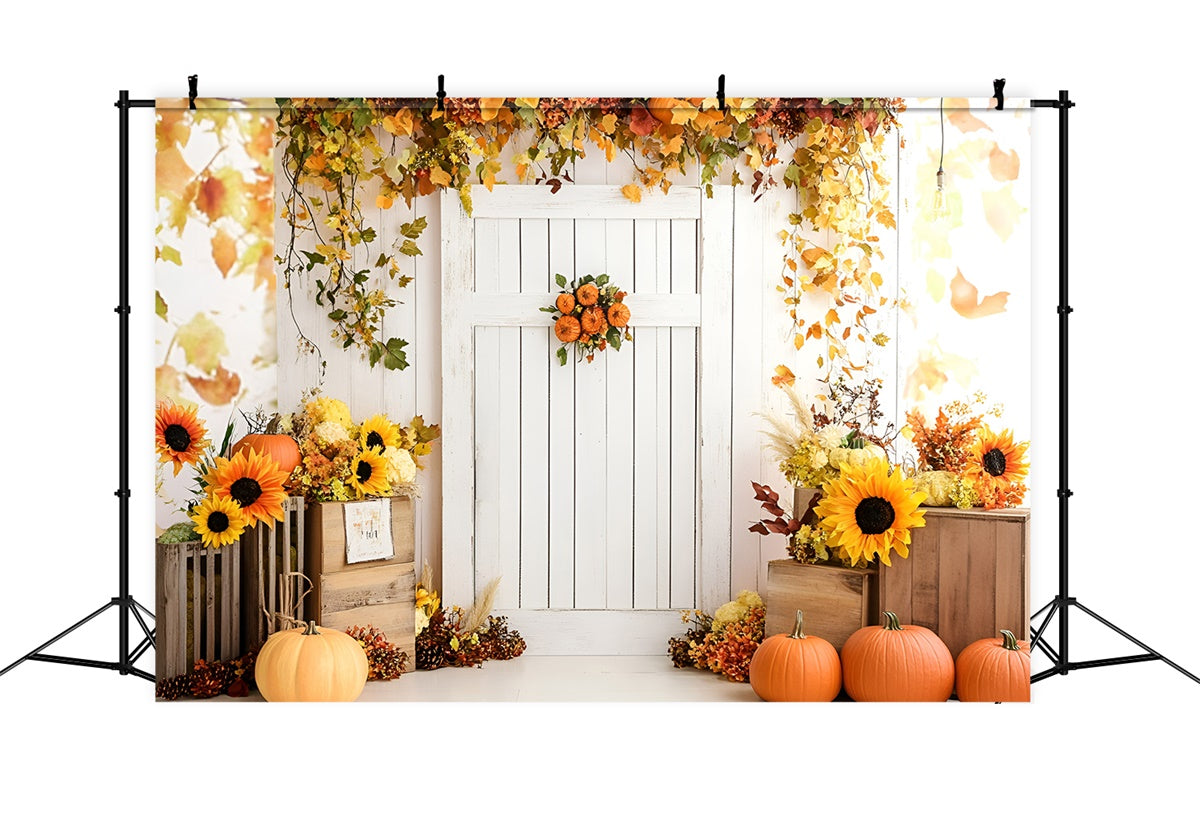 Herbst Fotokulisse Weiße Tür Sonnenblumen Kürbisse Kulisse GQ5-95